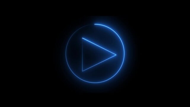 Blue color play button icon on black background with neon circle.