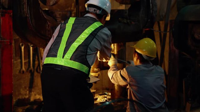 Engineering team inspecting industrial press machinery during maintenance and quality control procedures in a manufacturing environment.

