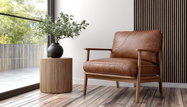 Warm leather armchair beside a fluted side table with plant