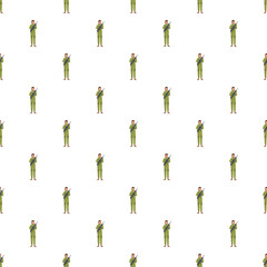 Obraz premium Female soldier in camouflage uniform holding a rifle repeating as a seamless pattern