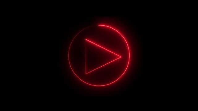 Red color play button icon on black background with neon circle.