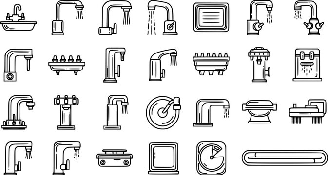 Plumbing Faucets and Bathroom Fixtures Line Art Icons Set. Modern Kitchen Taps, Water Systems, and Home Appliances Outline Vector.