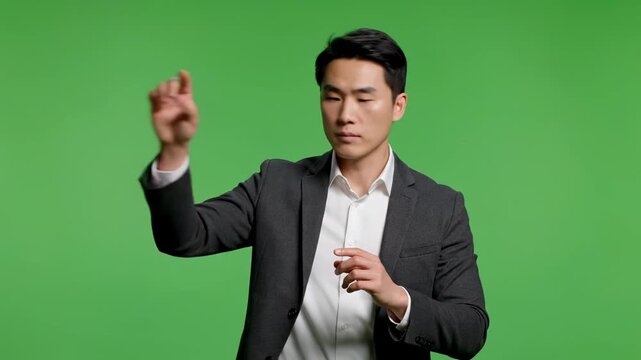 Businessman in black suit giving thumbs up against green background for corporate success motivation and positive feedback concept