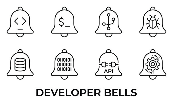 Developer bells set with icons for coding and programming concepts like bug and database.