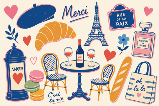 Charming Parisian collage with iconic symbols and French phrases