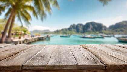 Fototapeta premium Wooden table overlooks tropical island with boats and palm trees
