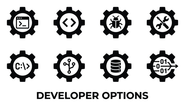 Developer options icons gear set digital programming tools software development symbols data science.