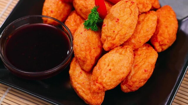 Crab flavoured nugget with soy sauce on black plate.