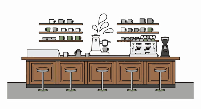 Coffee bar with espresso machine, grinder, cups, and stools