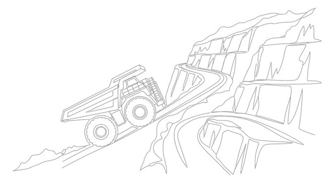 Mining Truck Ascends Steep Mountain Road, Heavy Machinery on Rocky Terrain