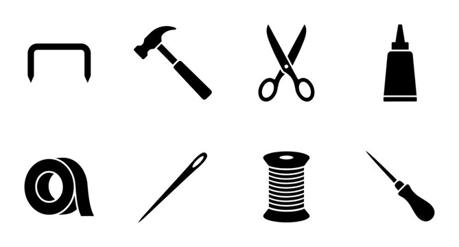 Crafting Tools Set PNG Stapler Hammer Scissors Glue Tape Needle Spool Awl, transparent background