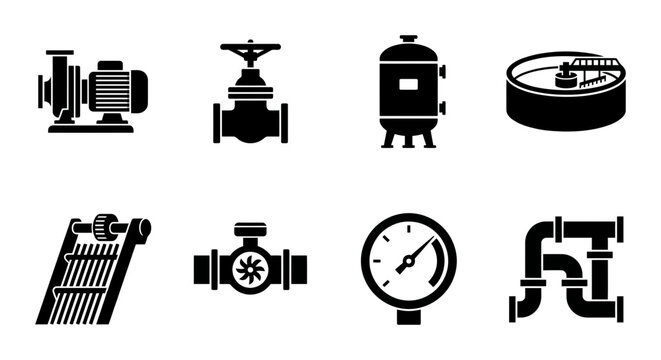 Industrial Plumbing Equipment Icons Black PNG set, water system components