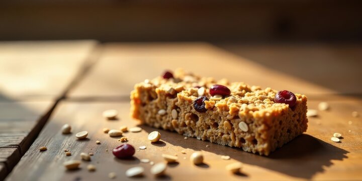 A Deliciously Crunchy and Sweet Oat Bar Topped with Dried Berries and Nuts, Bathed in Warm Sunlight on a Rustic Wooden Surface
