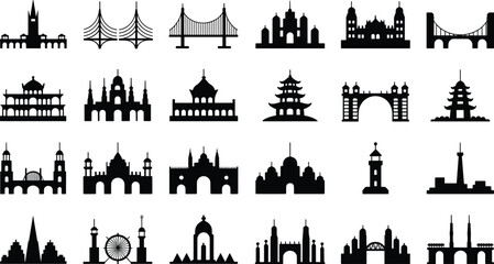 Obraz premium World Landmark and Architecture Silhouette Collection Set with Bridges Temples Mosques Towers and Historic Buildings