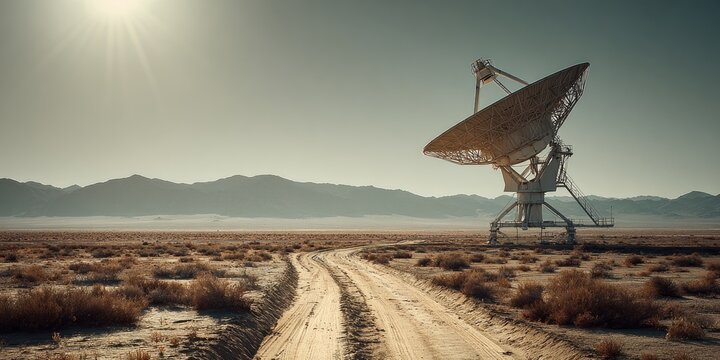 Vast desert landscape with a large parabolic dish on a dirt road