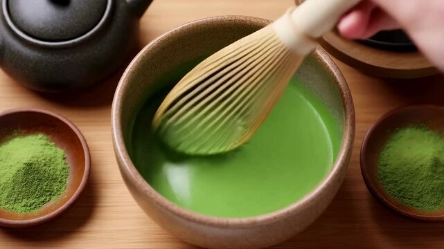 Preparing matcha tea with a bamboo whisk in a traditional setting. Emphasizing the art of tea-making and cultural significance