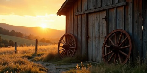 Obraz premium Rustic Wooden Barn at Sunset with Antique Wagon Wheels, Golden Hour Illumination on a Serene Rural Landscape