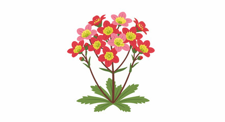 Fototapeta premium Bright red and pink flowers with yellow centers bloom on green stems
