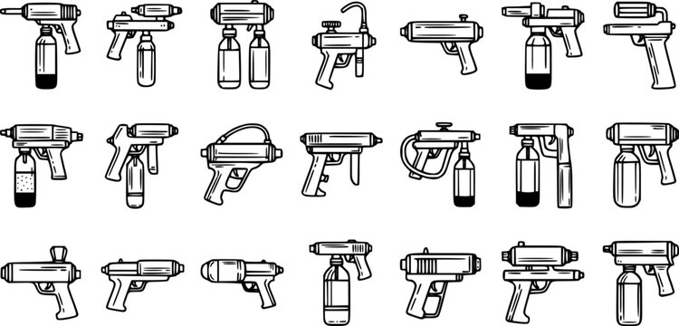 Black and White Line Art of Various Water Guns, Toys, and Spray Bottles