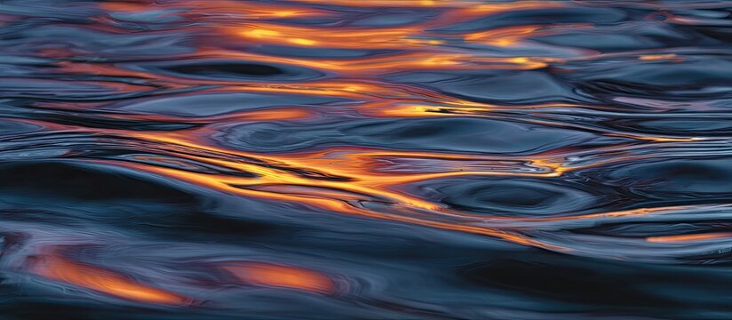 Close-up of dark water surface reflecting warm golden light in ripples