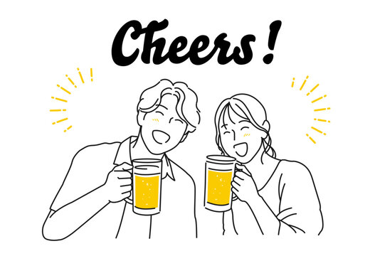 ビールで乾杯をしている男女の線画イラスト素材 ベクター ジョッキ 白背景