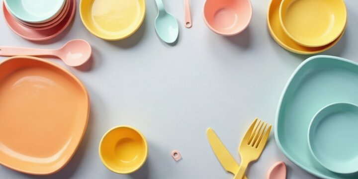 Pastel-Colored Childrens Dinnerware Set with Utensils Arranged for a Delightful Mealtime Experience