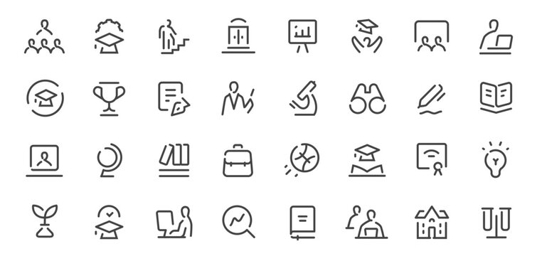 Education and academic line Icons set with learning, graduation and research symbols