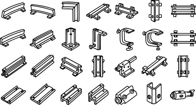 Black and White Line Art Vector of Various Metal Industrial Fasteners and Connectors