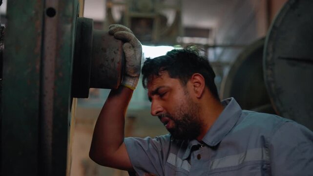 Tired industrial worker taking a short break beside heavy machinery after maintenance work in a manufacturing factory. Fatigue, labor and workplace safety concept.
