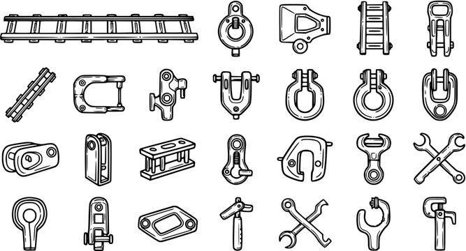 Black and White Line Art Icons of Industrial Lifting and Rigging Equipment, Nautical Hardware, and Tools