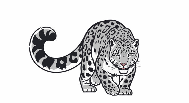 Stylized snow leopard with a curled tail and distinctive rosettes