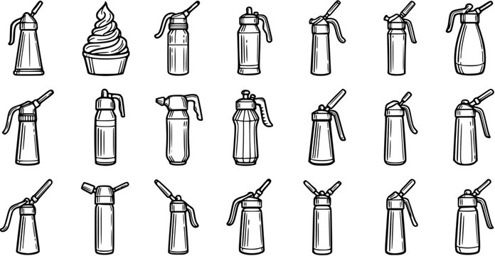Food and Beverage Whipped Cream Dispenser Line Art Icons Set. Hand-drawn Collection of Cream Siphons and Whipped Topping for Cafe, Dessert, and Bakery Design.