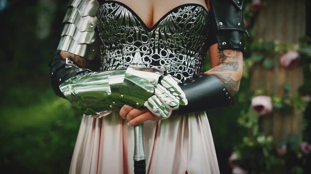 Fantasy woman medieval knight in metal armor with weapon iron sword in hands. lady close up body part hand iron glove, queen ancient warrior old tradition. fairy elf girl princess. 4k video footage