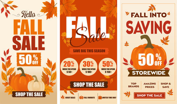 A background, banner, or flyer design for a fall sale. A set of colorful autumn posters with pumpkins, autumn branches, and leaves. A template for advertising, websites, and social media