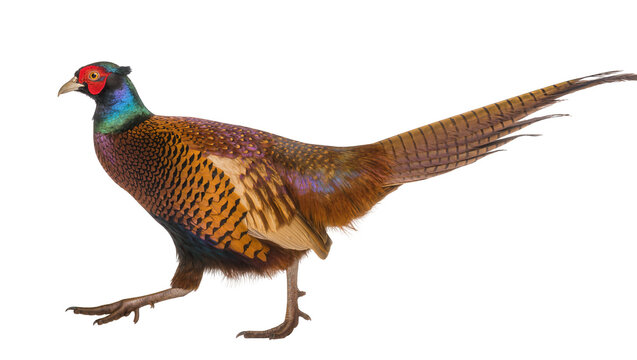 Ring-necked pheasant bird with colorful plumage and long tail feathers