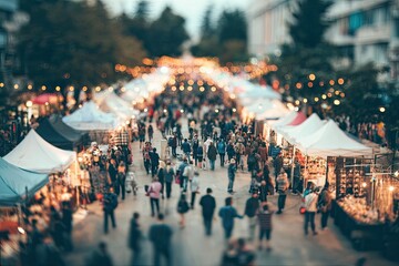 Obraz premium Busy outdoor market scene with many people and stalls
