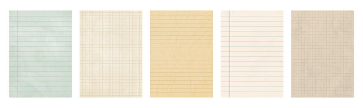 Vintage lined and grid graph checkered paper texture collection, aged notebook pages, retro stationery background