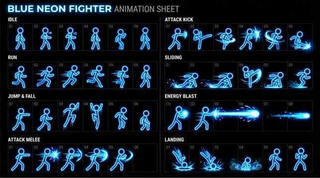 Futuristic sword combat animation guide showing slash, thrust, and overhead strike attack sequences with glowing blue energy effects.