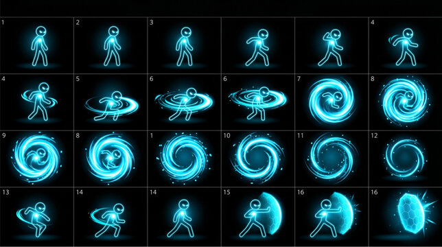 Futuristic sword combat animation guide showing slash, thrust, and overhead strike attack sequences with glowing blue energy effects.