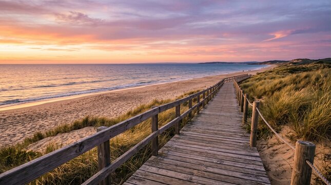 Wooden boardwalk leading to ocean at sunset with golden light and dunes