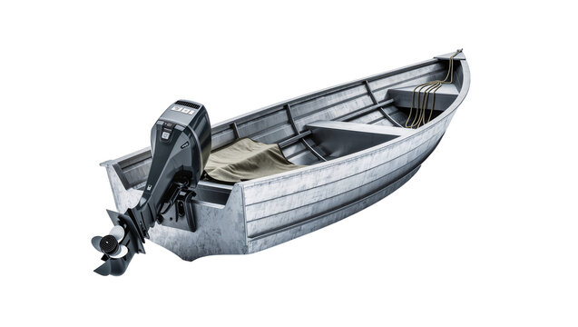 Aluminum fishing boat with outboard motor and rope