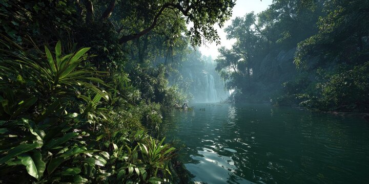 Lush jungle stream with a distant waterfall and misty mountains
