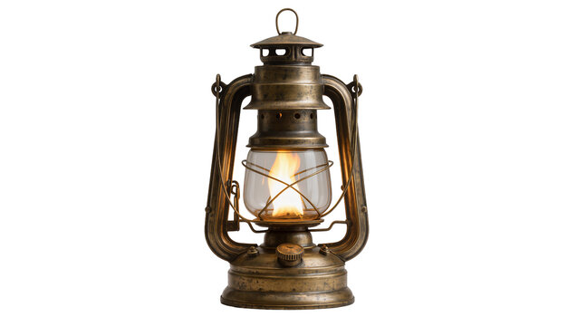 Antique kerosene lantern with lit flame and glass chimney