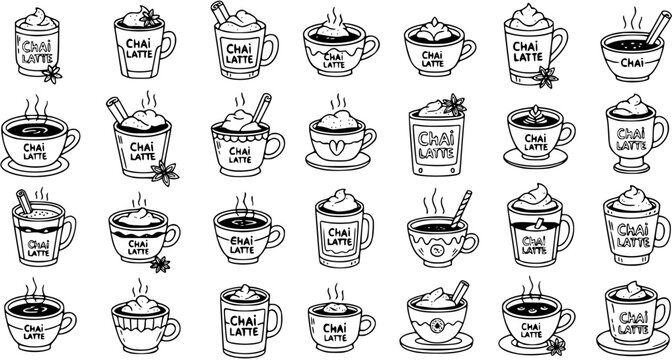 Food  Beverage Black  White Line Art: Hand-drawn Chai Latte Mugs and Cups Collection. Doodle Illustrations for Hot Drink Menus  Cafe Designs.