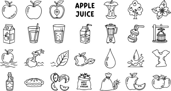 Black and White Line Art Icons of Apples and Apple Juice Products