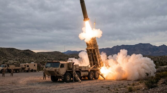 Missile Launch from Transporter Erector Launcher, Military Defense Technology and Strategic Security Concept