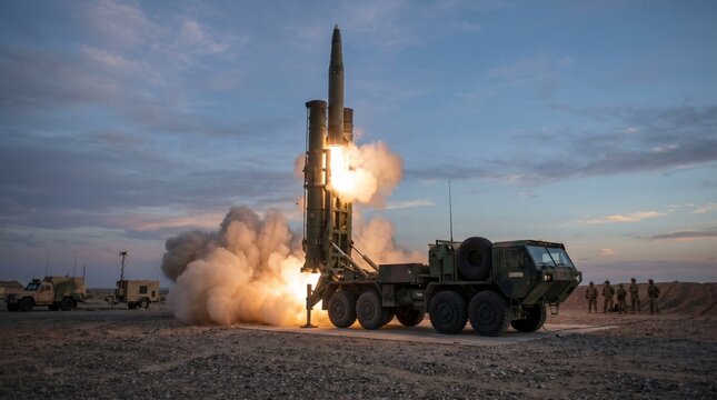Missile Launch from Transporter Erector Launcher, Military Defense Technology and Strategic Security Concept