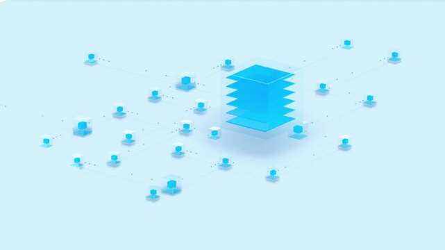 Isometric network grid with interconnected blue data cubes and a central stacked server core in a clean 3D render loop for corporate tech videos