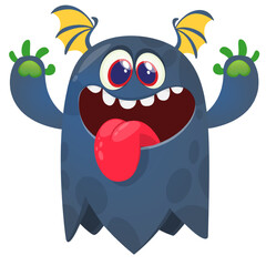 Fototapeta premium Cartoon cute and funny monster creature character design with scary horns and face expression waving hands . Vector illustration. For Halloween party decoration design
