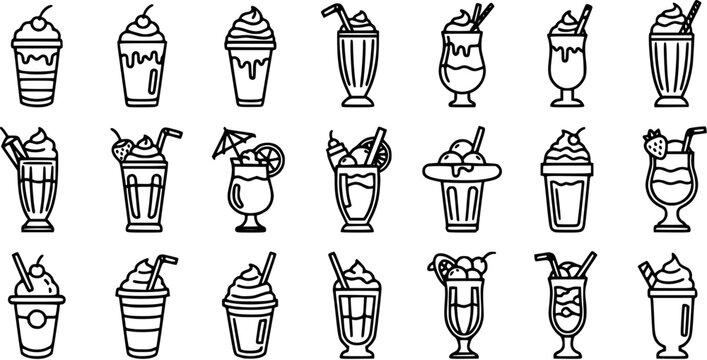 Food and Drink Black  White Line Art Icons Set of Milkshakes, Smoothies, Frappes  Cold Beverages. Vector Outline Glyph Collection for Cafe  Summer Menus.